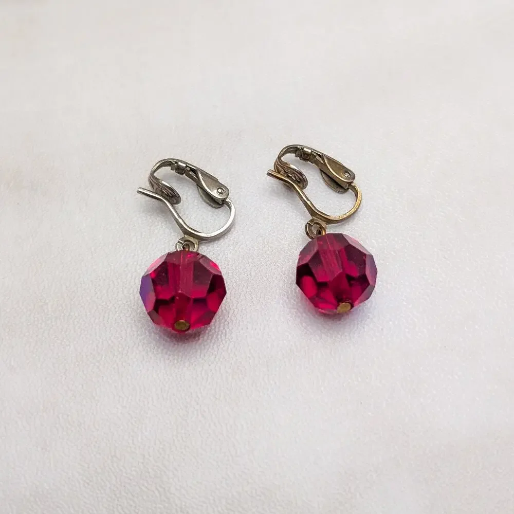 Vintage Clip On Earrings Red Faceted Dangle with Iridescent Finish